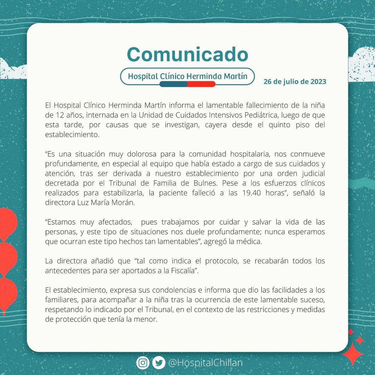 HospitalChillan's tweet photo. El Hospital lamenta informar el sensible fallecimiento de la paciente de 12 años que se encontraba en la UCI. 

Extendemos nuestras condolencias a su familia y seres queridos. https://t.co/LsWyoPjbZS