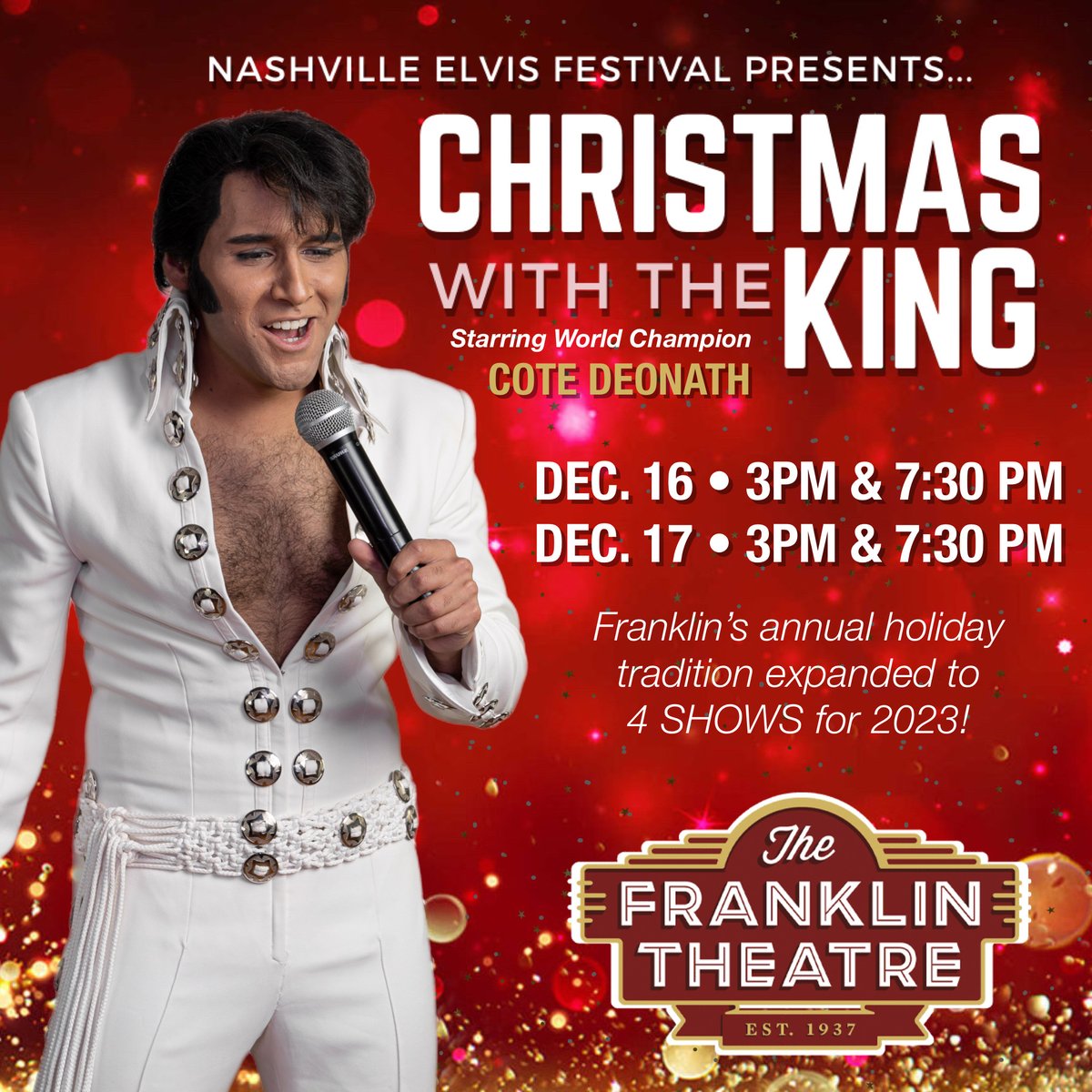 TICKETS ON SALE FRIDAY AT 11AM CT! <a href="/NashElvisFest/">Nashville Elvis Festival</a>’s 6th annual <a href="/ElvisChristmas/">ChristmasWithTheKing</a> returns to <a href="/FranklinTheatr/">The Franklin Theatre</a>! This very special show stars world champion #Elvis tribute artist <a href="/COTE_Deonath/">Cote as ELVIS</a> with host <a href="/TupeloTomBrown/">Tom Brown</a>. Bring the whole family! Tickets: FranklinTheatre.com
