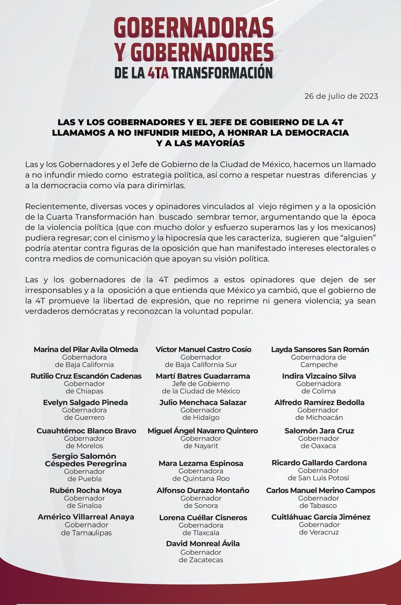 rochamoya_'s tweet photo. Las y los gobernadores de la Cuarta Transformación, confiamos en el pueblo de México, el respeto a la democracia y la voluntad popular. https://t.co/UScyUtHJIn