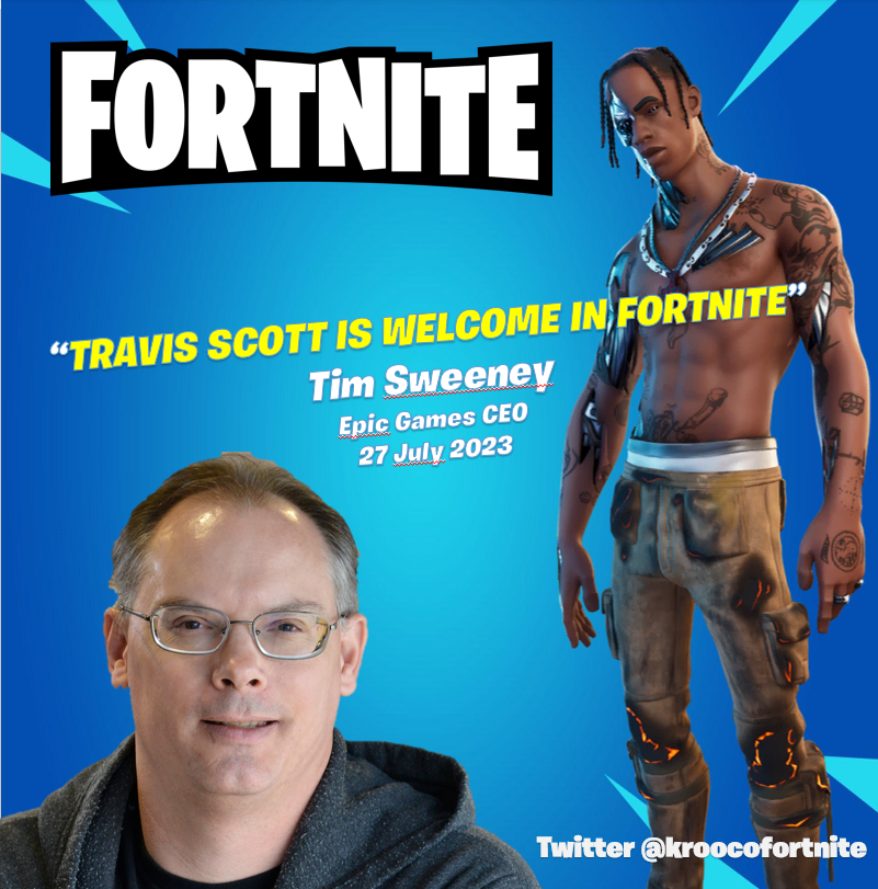 Tim Sweeney, Epic Games CEO, just replied to some Fortnite fans on Travis Scott's return to Fortnite!

He said the skin is welcome in the game again, so there is no dispute between Epic and the artist, as I told you in my last post, and it's all open for the skin to be… https://t.co/WJ41MVkMhE https://t.co/H58B00zHl9