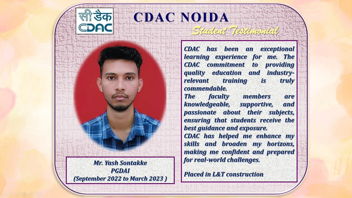 CDAC Noida PGDAI (online batch) Alumni March2023 Passout Sharing his views.. #CDAC #CDACNOIDA #Freshers #placement #CDACNOIDA #placement2023 #freshers2022 #NOIDA #PGDAI #AI
#freshers2023 #CCAT #CCAT2023 #freshers #admission2023