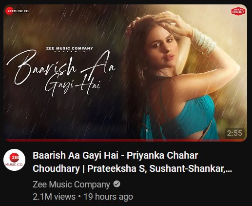 It’s freaking 2.1M. Guys keep streaming. We gonna make 10M soon. Audiences are loving the song and especially Priyanka’s dance 💃🏼 
#PriyankaChaharChoudhary #BaarishAaGayiHai #ZeeMusicOriginals #PriyAnkitforever #PriyankitWarriors #AnkitGupta