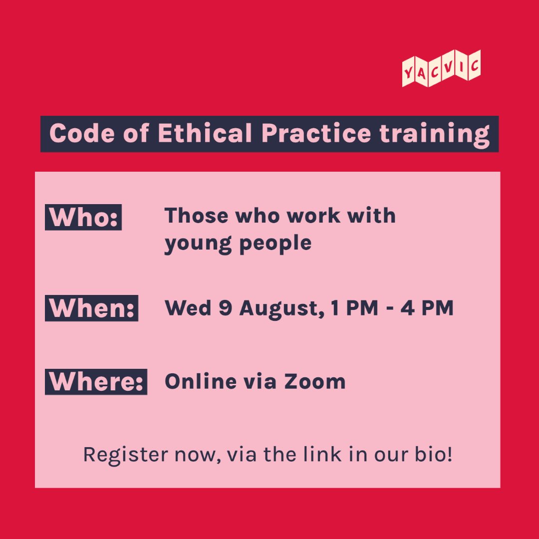 If you work with young people, you should come to our online, interactive Code of Ethical Practice training in August! 😇💻

You’ll walk away with the tools you need to enhance your work and deal with ethical dilemmas.

Learn more and register now: Events.humanitix.com/rescheduled-et…