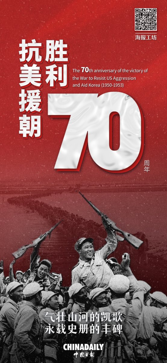 ChinaDaily's tweet photo. 1953年7月27日，《朝鲜停战协定》签署，抗美援朝战争胜利结束。打得一拳开，免得百拳来。中国人民志愿军用一场威震世界的胜利，拼来了山河无恙、家国安宁。今天，一起向英雄致敬，继续奋勇前进！ https://t.co/Z9OcuzA5M9