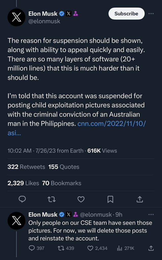hasanthehun's tweet photo. thank god elon cares about child exploitation. that’s why he reinstated the  psycho qanon account personally after deleting the images of child exploitation he posted that got him banned. https://t.co/RJRAxaInnU