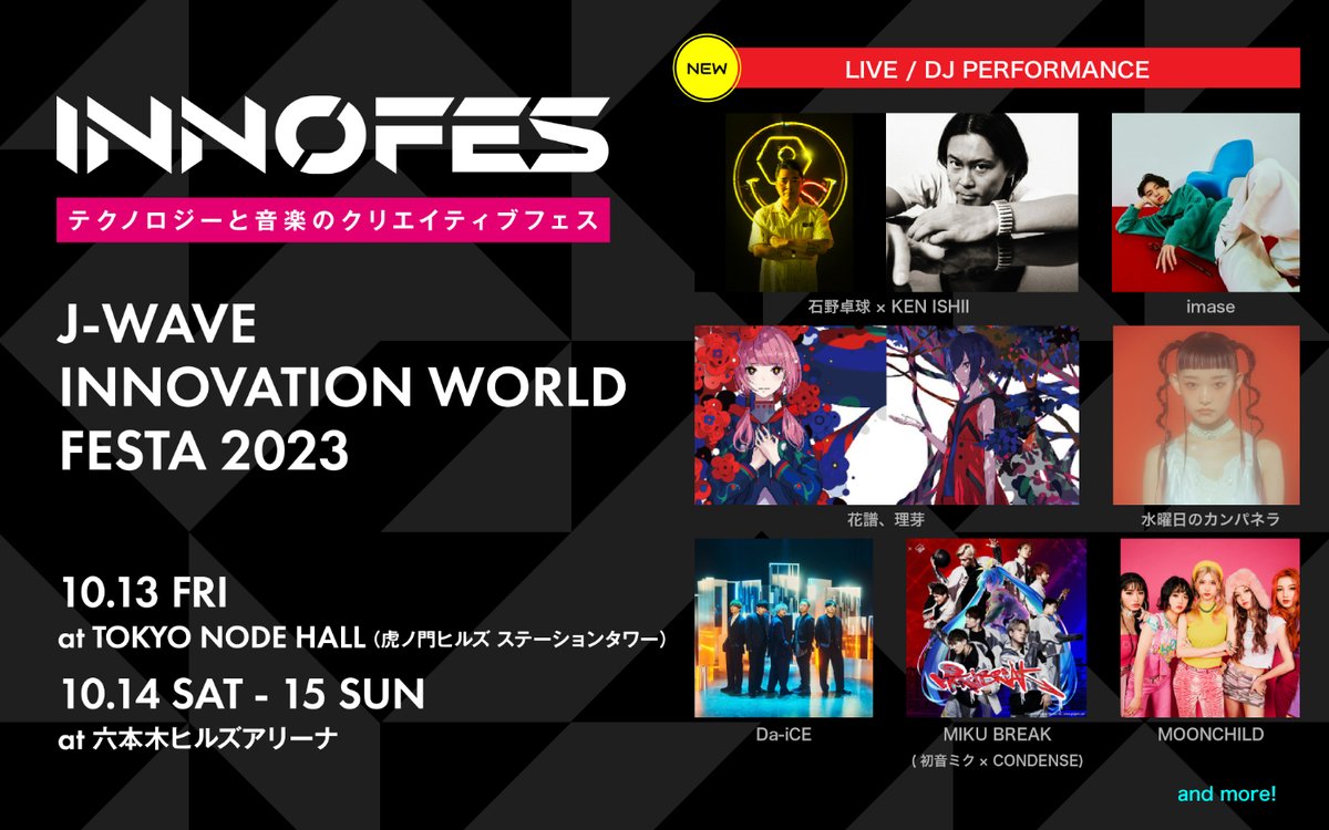 jwave813fm's tweet photo. 【#イノフェス】

10/13～15に開催
テクノロジーと音楽の祭典
ライブ／DJパフォーマンス出演者発表！

▼10/13
Da-iCE
MOONCHILD

▼10/14
imase
花譜、理芽
宅見将典
MIKU BREAK

▼10/15
石野卓球×KEN ISHII
水曜日のカンパネラ

▼チケット最速先行受付中
https://t.co/io00iHhu4J

#jwave https://t.co/Zu1nhxlPEZ