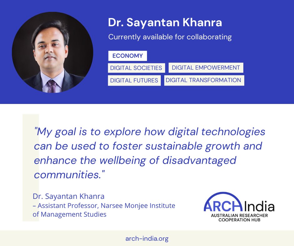 #ResearcherSpotlight on Dr. Sayantan Khanra, an Assistant Professor with expertise in digital economy, technology management, and sustainable development @nmims_india. Discover his impactful #collaborations with Australian universities 🇮🇳🇦🇺 arch-india.org/news-events/25…