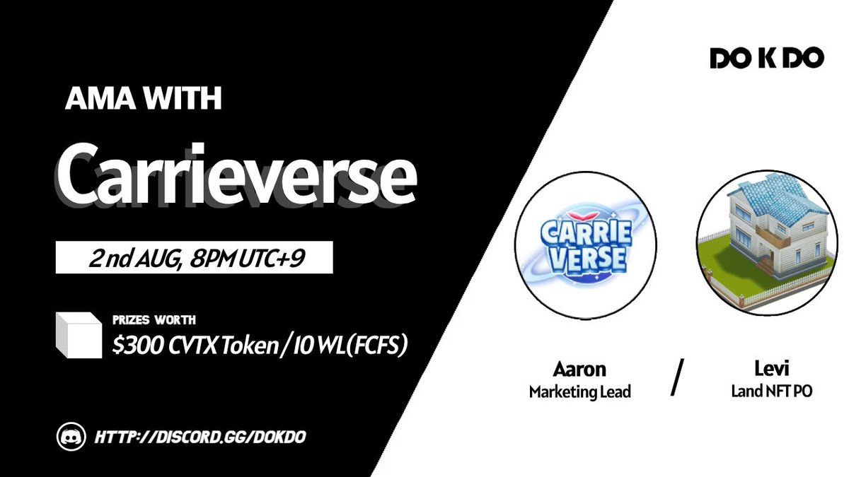 DOKDODAO's tweet image. [DOKDO DAO X Carrieverse AMA] 
 
🎁$200 CVTX Token / Land WL(FCFS) x 10 in AMA
🐦$100 CVTX Token in Twitter Raffle

1️⃣  Follow 
@DOKDODAO
@Dokdo_GA
@CarrieVerse 

2️⃣  LK l RT l TAG 3 Friends

3️⃣  Fill out the Form
👉forms.gle/NJy9CdVKRtecu5…