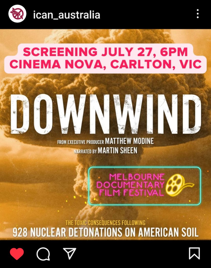 NuclearFreeAus's tweet photo. Tonight 6pm at Cinema Nova in Carlton. 

Mercury, Nevada was the site for the testing of 928 nuclear weapons on American soil from 1951 to 1992. The fallout is still lethally impacting Americans today. Australian premiere DOWNWIND.

#movies #mdff #nuclear #TPNW #banthebom https://t.co/6qfGJHmKPG