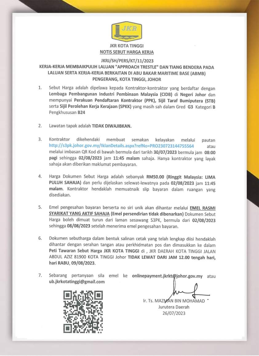𝐌𝐀𝐊𝐋𝐔𝐌𝐀𝐍📣
𝐍𝐎𝐓𝐈𝐒 𝐒𝐄𝐁𝐔𝐓 𝐇𝐀𝐑𝐆𝐀 𝐊𝐄𝐑𝐉𝐀 

Nota : Sila rujuk NOTIS SEBUT HARGA KERJA yang telah dilampirkan dan untuk sebarang pertanyaan sila emel ke onlinepayment.jkrkt@johor.gov.my atau ub.jkrkotatinggi@gmail.com.

#JasaKepadaRakyat