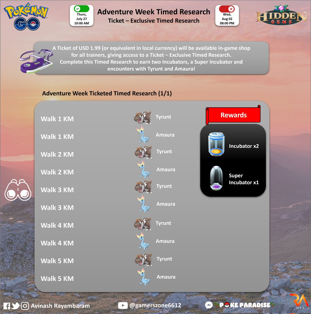 rayambaram's tweet photo. 🇮🇳
🌟 Adventure Week 2023
💫 Free Timed Research, Collection Challenges and Field Research Tasks
🗓️ Thurs, Jul 27 to Wed, Aug 02 2023
🕙 10:00 AMto🕗 08:00 PM local time
✴️ Ticketed Timed Research 
#PokemonGo #Pokemon #Researchs #ShinyTyrunt #ShinyAmaura #Infographic https://t.co/VKho6zYYAN
