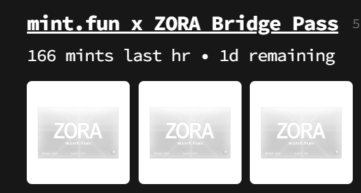 0xLuer's tweet photo. Mintfun X Zora bridge pass
主网freemint，还剩2w多个
需要有fundrop pass才能mint
有兴趣的可以mint个 https://t.co/oPLjLQjtdg