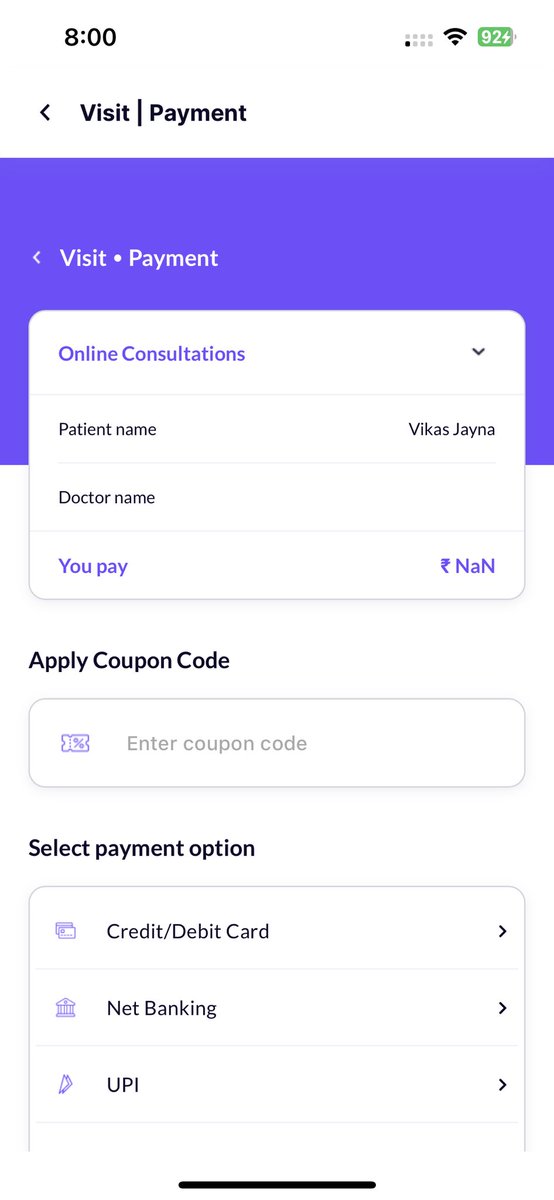 vikasjayna's tweet photo. @getvisitapp your app is having bugs and that too during the payment step. Please see this screenshot https://t.co/kjoCYsgPHc