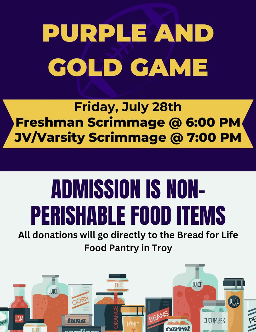 Come get a sneak peek of the 2023 Trojan Football Team this Friday! 

Please note that for admission we are accepting donations of non perishable food items that will go to the Bread for Life Food Pantry here in Troy!
#GoldStandard