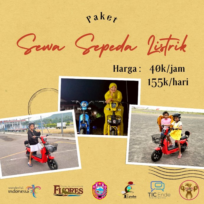 DisparKabEnde's tweet photo. PAKET SEWA SEPEDA LISTRIK

Info Lebih lanjut:
TIC Ende
Jl. Soekarno - Ende - Flores - NTT
Open Daily 9 AM till 3 PM

#connectingflores #explorethemysthical #exploretheextraordinaryflores #endesareliopawe #wonderfulindonesia #banggaberwisatadiindonesiaaja https://t.co/zkDY2G8Q5D