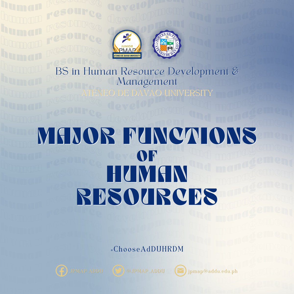 JPMAP_AdDU's tweet photo. 𝐔𝐧𝐥𝐞𝐚𝐬𝐡𝐢𝐧𝐠 𝐭𝐡𝐞 𝐏𝐨𝐰𝐞𝐫 𝐨𝐟 𝐏𝐞𝐨𝐩𝐥𝐞!

The indispensable force behind Organizational Success! Discover how Human Resources ignites growth, nurtures talent, and builds thriving workplaces.

#ChooseAdDUHRDM https://t.co/VExaWJLGRN