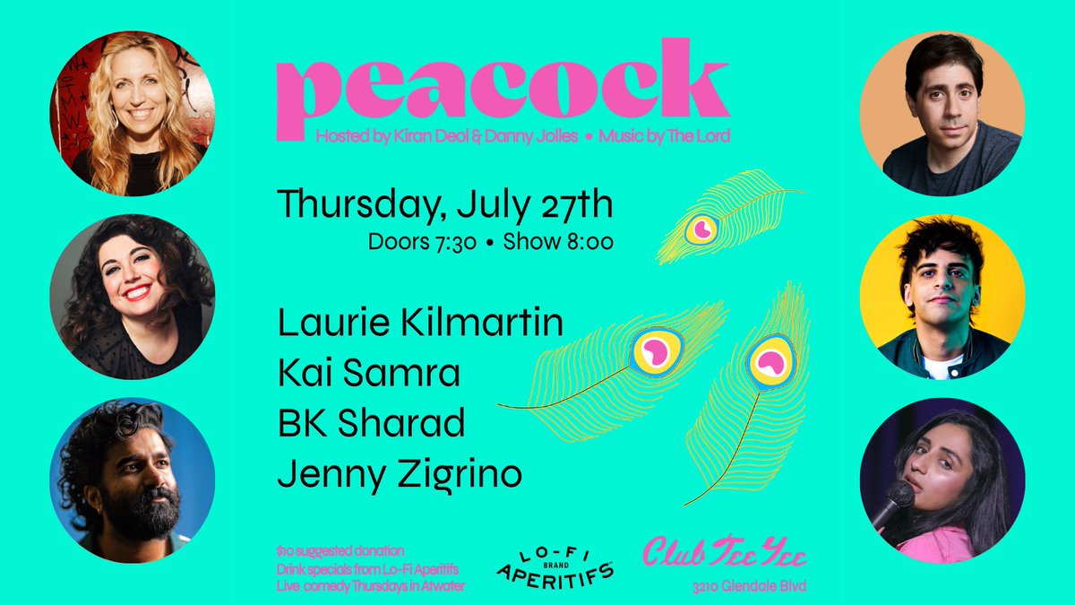 Escape this heat & whatever this app is called tomorrow with @anylaurie16 @kaisamra @BkSharad @jennyzigrino & host @DannyJolles!

RSVP: peacockshowla.eventbrite.com

#livecomedy #comedy #standupcomedy #livestandup #comedians #atwater #losangeles