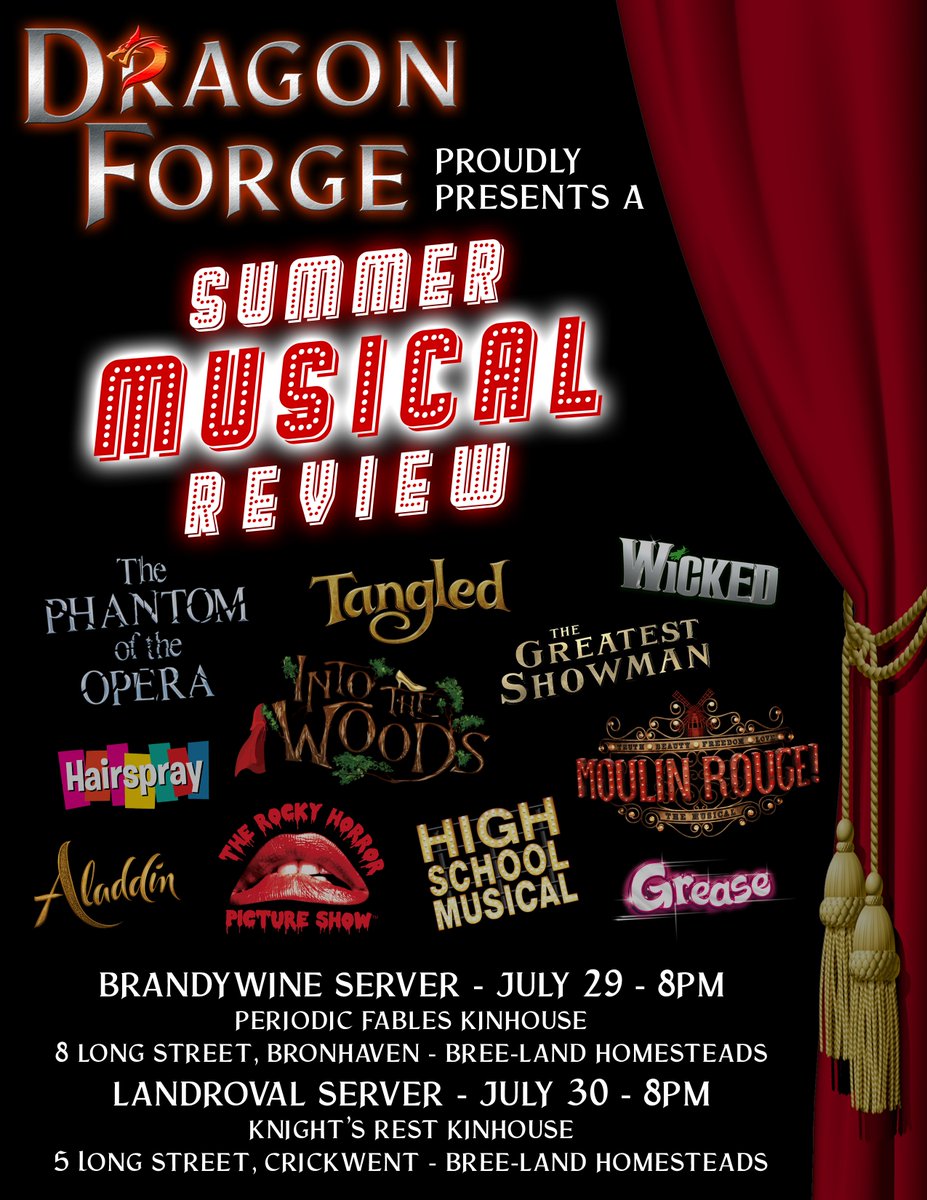 LOTRO_BTC's tweet photo. SUMMER MUSICAL REVIEW
Our @LOTRO_BTC affiliate - DRAGON FORGE - is putting on a new show.
Performed at the kinhouses below to accommodate set changes, costume changes &amp; lots of acting, singing &amp; dancing.
Come and have some fun with us (server time). https://t.co/1V6WzFp2rw