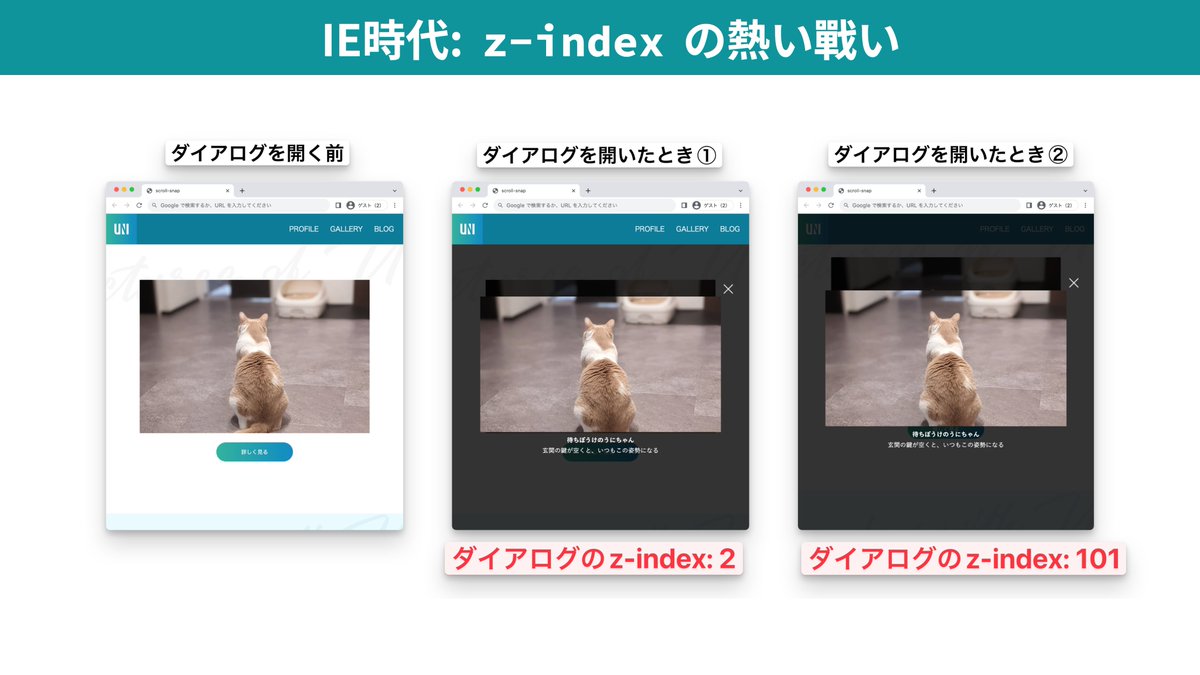 tonkotsuboy_com's tweet photo. z-indexが指定されたヘッダーより上にダイアログを出すとき、富���山より高いz-indexを指定してませんか？🗻

dialog要素を使えば、z-indexの指定は不要です💐

明日のCSS Niteで解説予定です。
https://t.co/UK6eOBybkG

#cssnite #脱IE時代のモダンCSS https://t.co/RBK6udiOJf