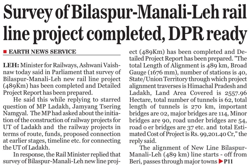 EarthNewsLadakh's tweet photo. #Survey of #Bilaspur-#Manali-#Leh rail
line project completed, #DPRready
@AshwiniVaishnaw @lg_ladakh @jtnladakh @DIPR_Leh https://t.co/cSR168Pt8z