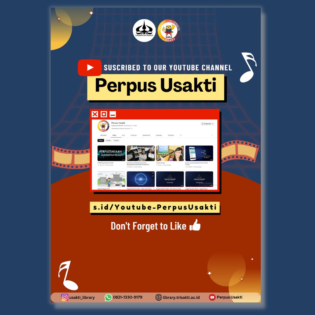 Usakti_Library's tweet image. Luangkan waktu akademika untuk berkunjung ke youtube Perpus Usakti dan berikan dukungan dengan suscribed dan like video perpustakaan. Tinggalkan pesan &amp;amp; saran untuk perpustakaan agar dapat mengembangkan channel youtube Perpus Usakti. Salam literasi 🖐
#enrichyourlife #joinasone