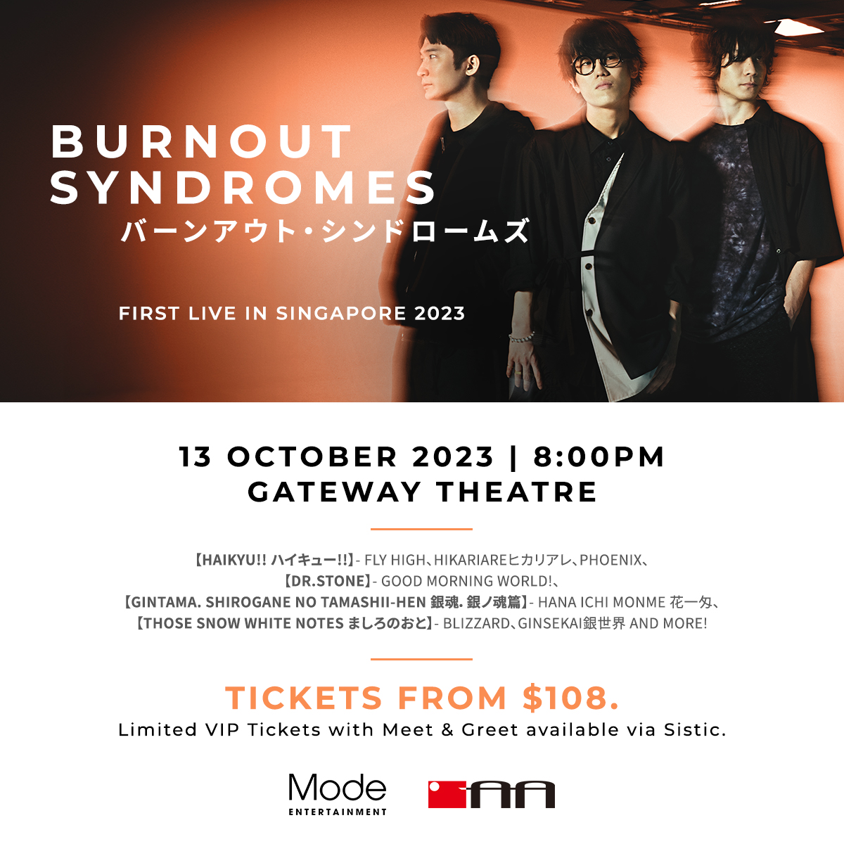 Modeent's tweet photo. FLY HIGH with BURNOUT SYNDROMES this 13th October!  Having performed in many countries worldwide, they are finally coming to Singapore! Don’t miss out on this rare opportunity to get up close with BURNOUT SYNDROMES on 13th October, 8PM at the Gateway Theatre! More info below. https://t.co/s8mP2RSwcT