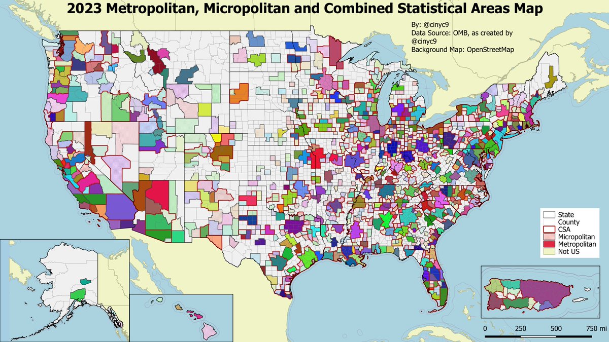 Map of all the 2023 Combined, Metropolitan and Micropolitan Statistical ...