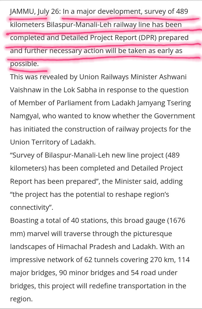 RomeshNadir's tweet photo. #NewsPositive
Kudos to Ministry Of Railways for completing the survey for 489 Kms Leh-Manali-Bilaspur Railway Line. The Detailed Project Report prepared for further necessary action at the Government level. Thankyou @AshwiniVaishnaw @narendramodi @RailMinIndia @PMOIndia 💐👏🇮🇳 https://t.co/aLIsEFcCyZ