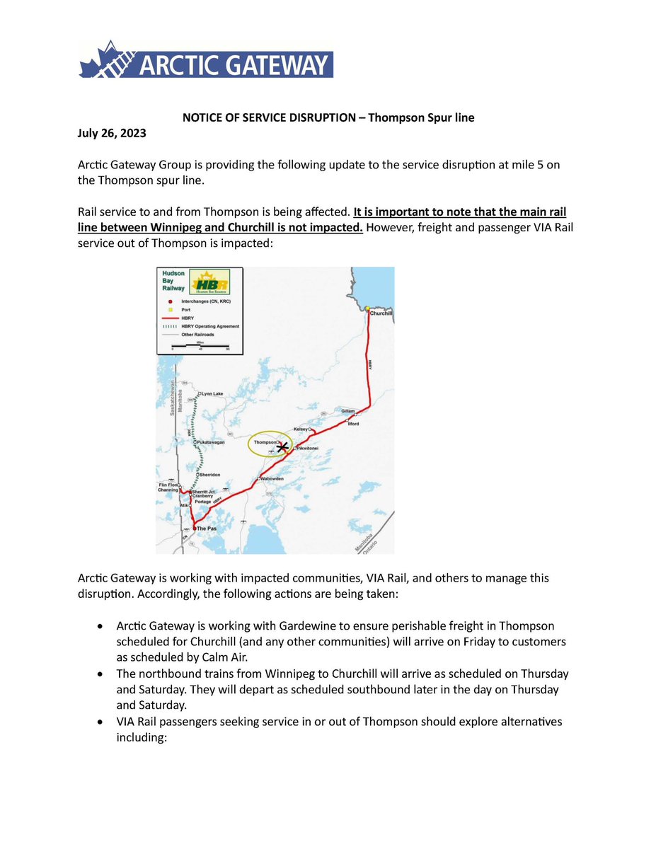 Arctic_Gateway's tweet photo. NOTICE OF SERVICE DISRUPTION: 
An update from Arctic Gateway Group regarding the service disruption at mile 5 on the Thompson spur line. 
Rail service to and from Thompson is being affected. The main rail line between Winnipeg and Churchill is not affected. 
See more info below. https://t.co/IeDTJqpAwy