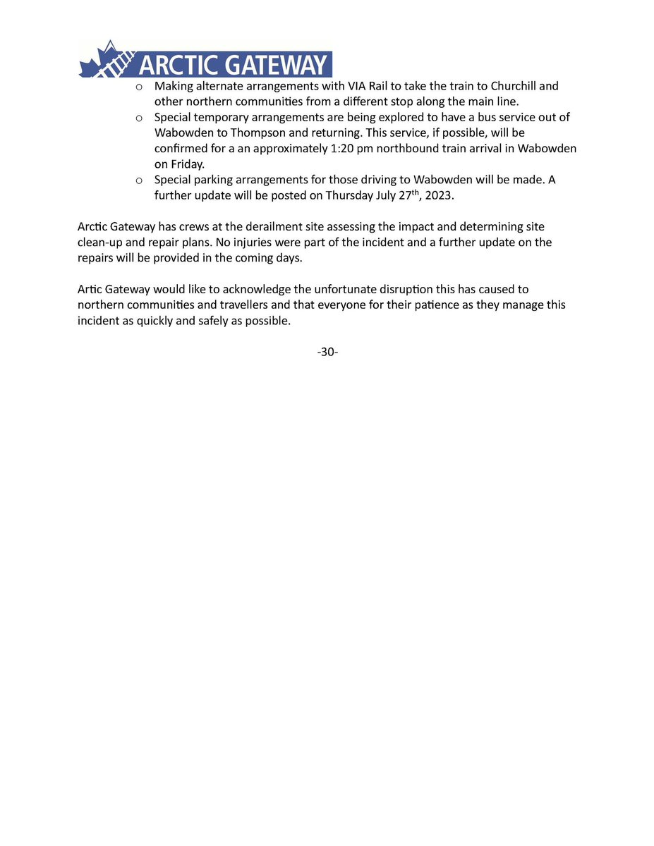 Arctic_Gateway's tweet photo. NOTICE OF SERVICE DISRUPTION: 
An update from Arctic Gateway Group regarding the service disruption at mile 5 on the Thompson spur line. 
Rail service to and from Thompson is being affected. The main rail line between Winnipeg and Churchill is not affected. 
See more info below. https://t.co/IeDTJqpAwy