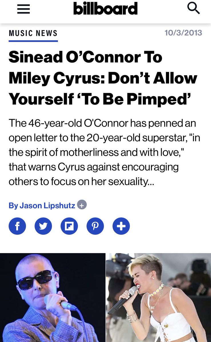 Sinead O’Conner wrote an open letter to Miley Cyrus in 2013 exposing the sinister agenda behind the handlers in the music industry and warned her to not allow herself to be “pimped” by them. Highlights:

“I am extremely concerned for you that those around you have led you to