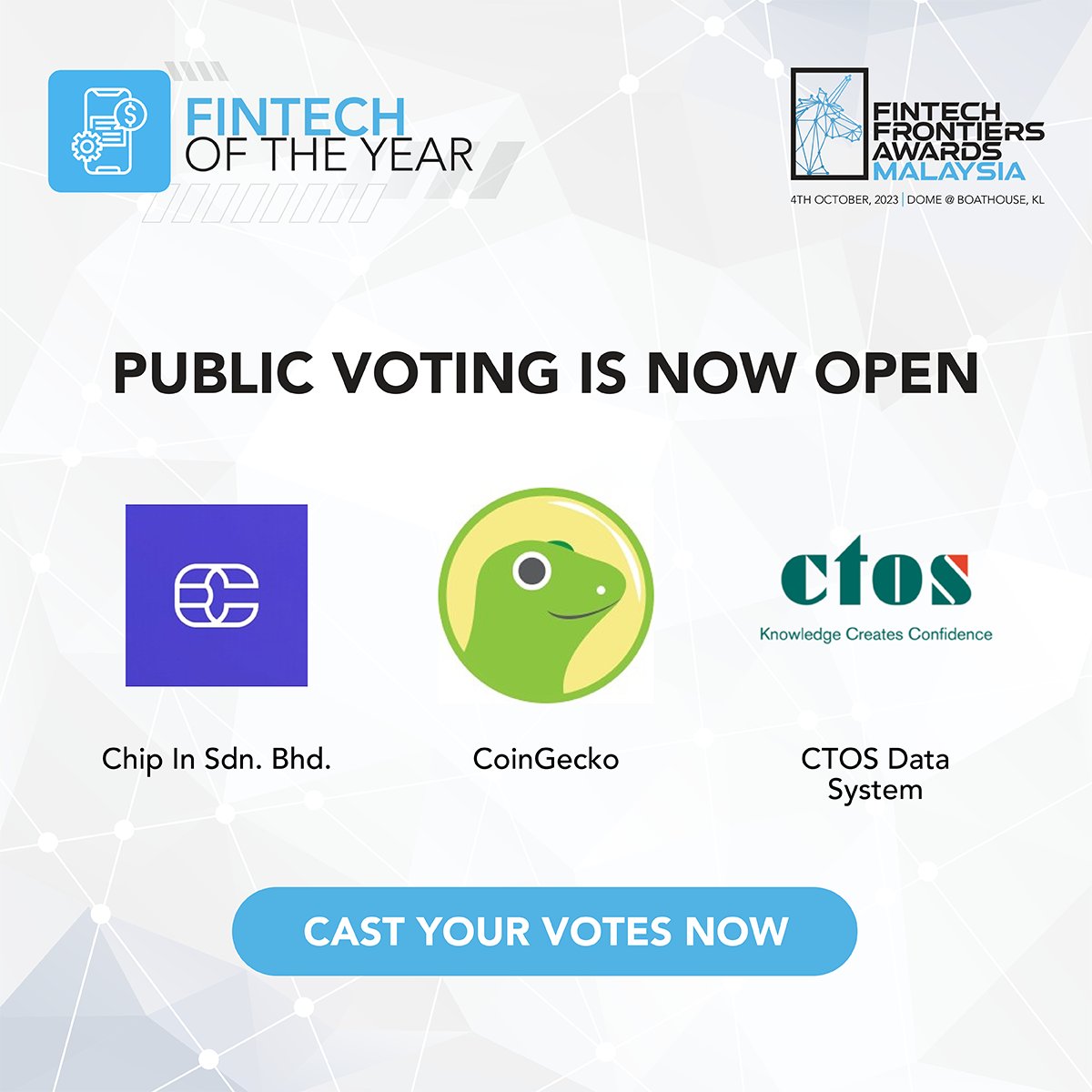 FintechNewsMy's tweet photo. Public voting is now open for our Fintech Frontiers Awards 2023!Cast your votes now at our website and join us in recognising the top fintech company in Malaysia:https://t.co/ErrC9yUYSk
#fintech #FintechFrontiersAwards @AsiaPay @billplz @curlec_pay @etherscan @capbaymy @coingecko https://t.co/lhpAWNdMrC
