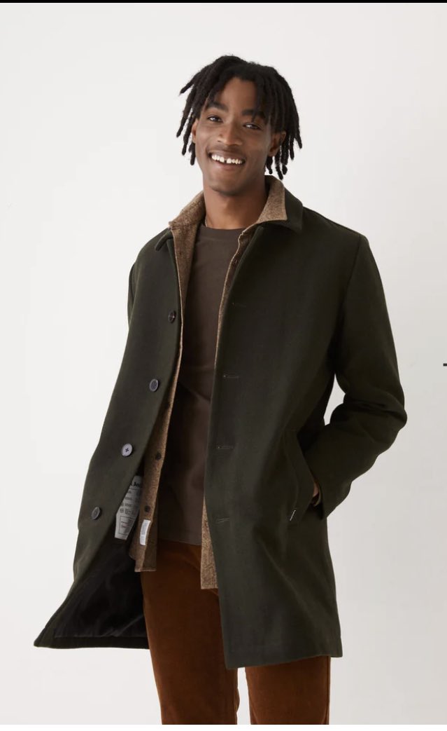 RadioWRFM's tweet photo. @drvolts @FrankandOak, their Smith topcoat. In “rosin” (green). Warm, breathable, sustainable. https://t.co/dpgbwHhMLq