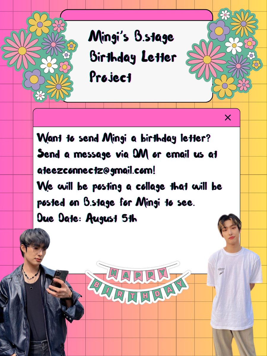 [🎉] Mingi’s B.stage Birthday Letter Project 💕

ATINYS ‼️ Want to send Mingi a birthday letter? Here is your chance! 

Details on how to join below! ⬇️

Due Date: August 5th 

<a href="/ATEEZofficial/">ATEEZ(에이티즈)</a> #ATEEZ #에이티즈