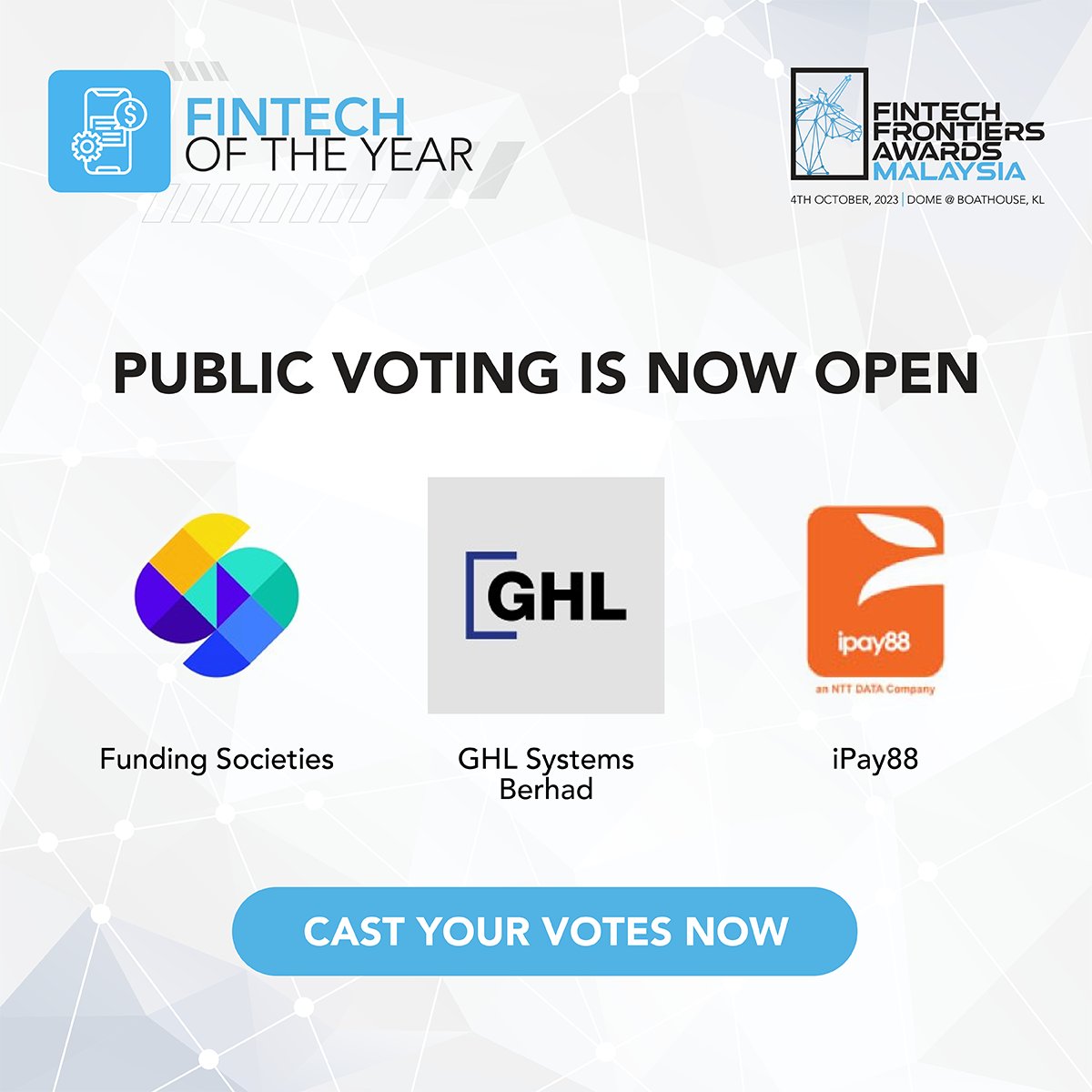 FintechNewsMy's tweet photo. Public voting is now open for our Fintech Frontiers Awards 2023! Cast your votes now and join us in recognising the top fintech company in Malaysia: https://t.co/ErrC9yUYSk
#fintech #FintechFrontiersAwards @FundSocietiesMy @MADCashSdnBhd @policy_street @ipay88 @jirnexu https://t.co/4CrCJdgd5k