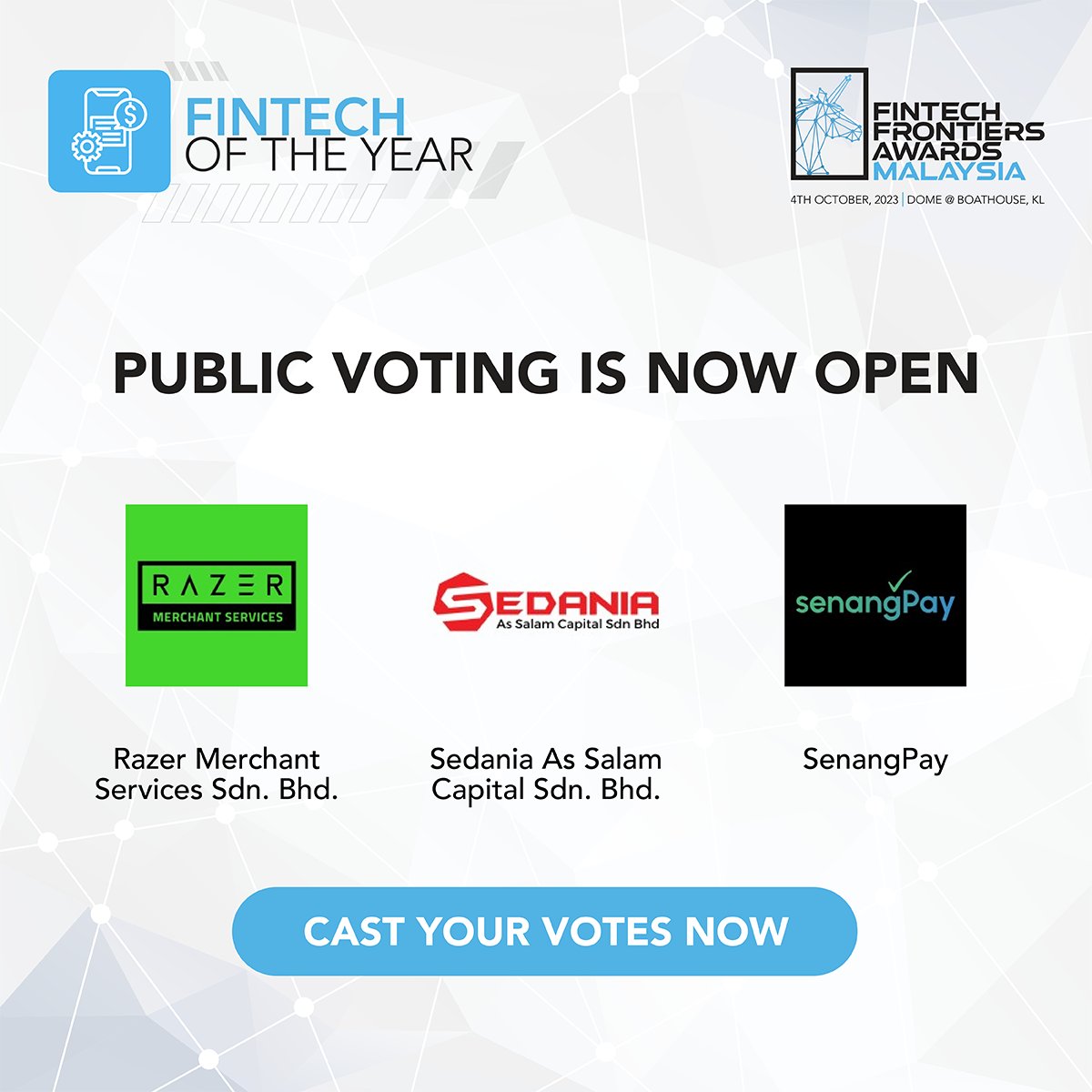 FintechNewsMy's tweet photo. Public voting is now open for our Fintech Frontiers Awards 2023! Cast your votes now and join us in recognising the top fintech company in Malaysia: https://t.co/ErrC9yUYSk
#fintech #FintechFrontiersAwards @FundSocietiesMy @MADCashSdnBhd @policy_street @ipay88 @jirnexu https://t.co/4CrCJdgd5k