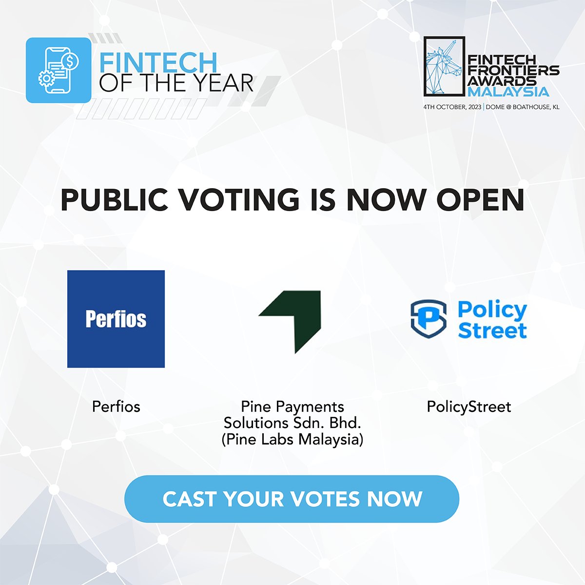 FintechNewsMy's tweet photo. Public voting is now open for our Fintech Frontiers Awards 2023! Cast your votes now and join us in recognising the top fintech company in Malaysia: https://t.co/ErrC9yUYSk
#fintech #FintechFrontiersAwards @FundSocietiesMy @MADCashSdnBhd @policy_street @ipay88 @jirnexu https://t.co/4CrCJdgd5k