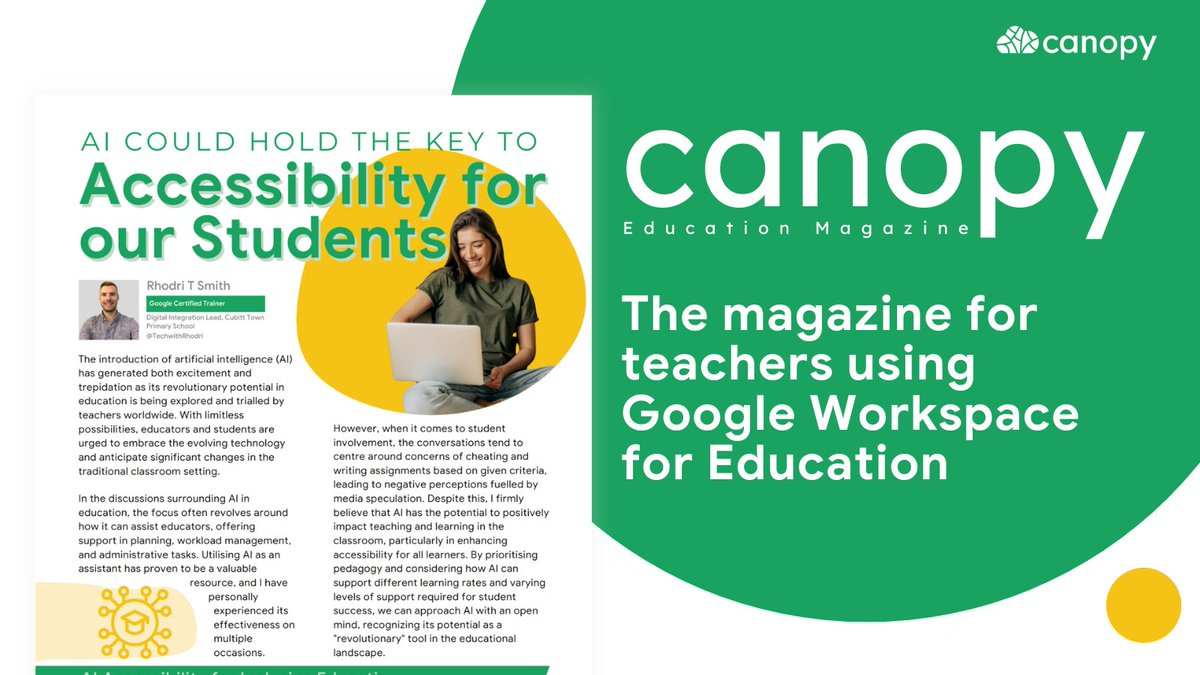 Canopy (@canopycic) on Twitter photo Looking for some reading over the summer break? 📖 ☀️
Check out <a href="/TechwithRhodri/">Rhodri Smith</a>'s article: AI Could Hold the Key to Accessibility for Our Students
Read here 👉 magazine.canopy.education
#GoogleET #GoogleEI #GoogleEC Looking for some reading over the summer break? 📖 ☀️
Check out <a href="/TechwithRhodri/">Rhodri Smith</a>'s article: AI Could Hold the Key to Accessibility for Our Students
Read here 👉 magazine.canopy.education
#GoogleET #GoogleEI #GoogleEC