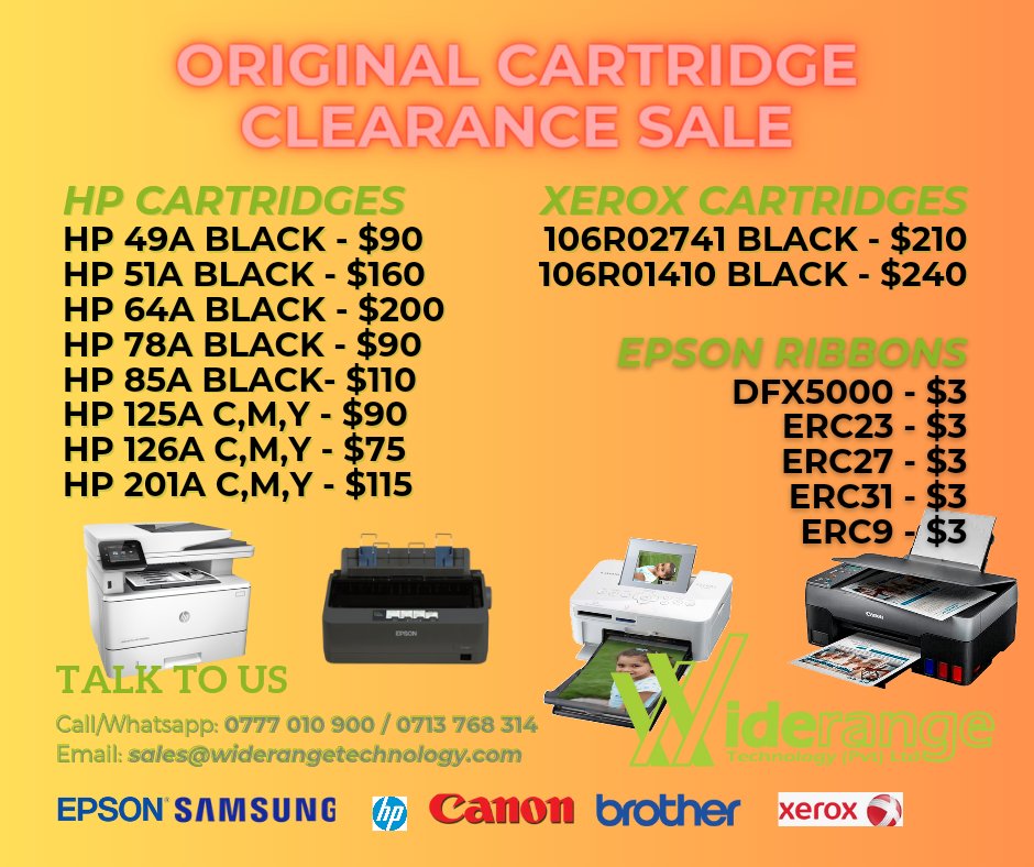 Get yourself original cartridges, toner &amp; ribbons at rock bottom prices at our clearance sale. Prices only valid while stocks last. 
Call/Whatspp: 0777 010 900 / 0713 768 314
Email: sales@widerangetechnology.com
Location: Fidelity Life Centre
#epson; #hp, #samsung, #brother,