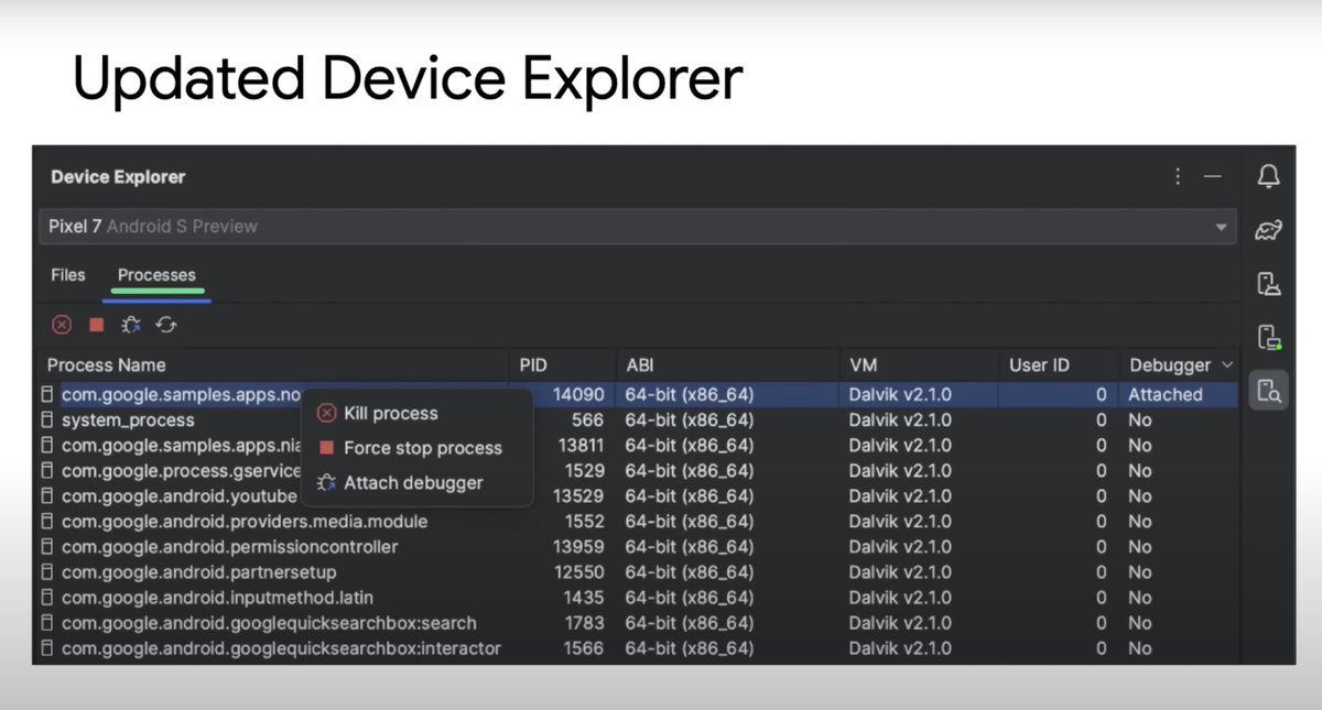 Shayan_Sakhaei's tweet image. With the Android Studio Giraffe "New Ui" is an Updated “Device Explorer” with the new “Processes Tab”🤔
You can view a list of Debuggable Processes for the connected device📱📊😍
#android_studio
#debugging
#AndroidDevs