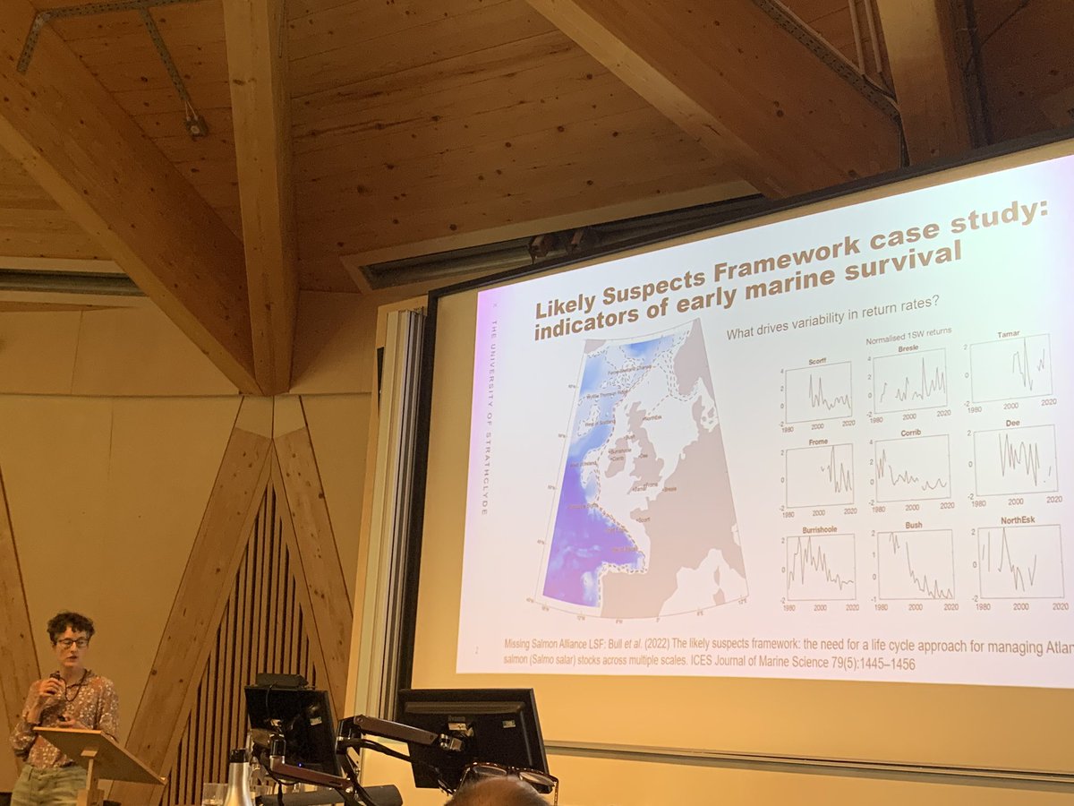 Emma Tyldesley seeking to understand declining marine survival of Atl Salmon using <a href="/CPRSurvey/">The Continuous Plankton Recorder (CPR) Survey</a> estimates of zooplankton- data suggest declining zoops along migration route correlated with salmon returns

#FSBI2023 @fsbi2023
<a href="/TheFSBI/">fsbi</a>