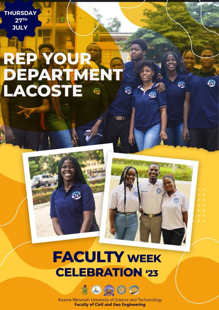_cesaknust's tweet photo. 💙🤍🤎💜
 REP YOUR DEPARTMENT LACOSTE

FACULTY OF CIVIL AND  GEO WEEK CELEBRATION

THURSDAY 27TH JULY
#RepYourDepartmentLacoste
#Facultyweek
#CesaEdiboard23
#CesaKnust https://t.co/3y8Nx8G2xO