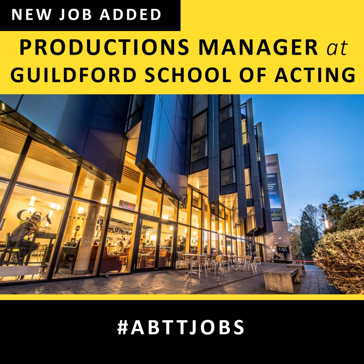 Guildford School of Acting are hiring a Productions Manager to lead on the coordination, planning and delivery of their 30-plus productions each year.

Find out more and apply here: abtt.org.uk/jobs/productio…

#ABTTjobs