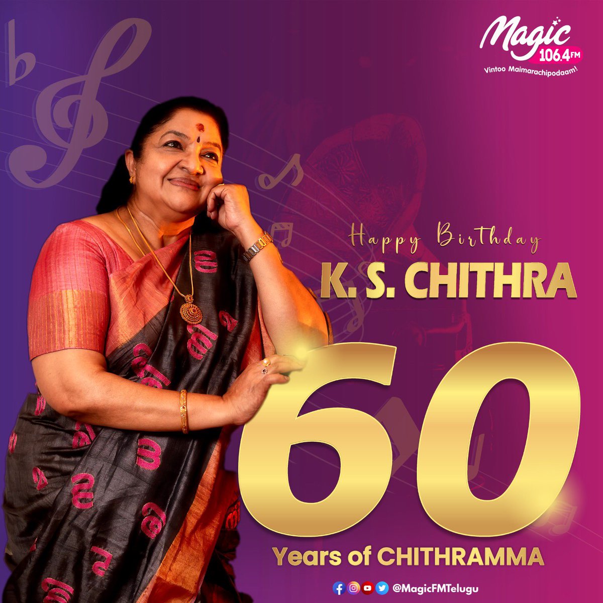 magicfmtelugu's tweet photo. Here’s team Magic FM wishes our Melody Queen #KSChithra a very Happy Birthday 🎵🎶❤️🎤
#HappyBirthdayKSChitra #Chithramma #KSChithramma #MelodyQueen #60YearsOfChithramma #Trending #Explore #MagicFMTelugu #MagicFM https://t.co/Mwf3I5z2tG