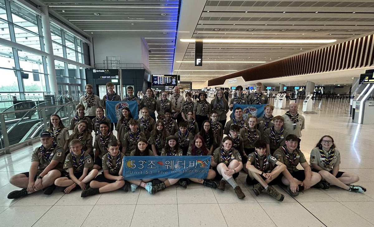 GMWScouts's tweet photo. And they’re off! @Unit53_25thWSJ are at @manairport ready for their first part of their journey to South Korea. We hope they have the most amazing time at the 25th World Scout Jamboree 2023 as part of the @UKContingent 🐯 ✈️ 🇰🇷 

#UK25WSJ #DreamWild #DrawYourDream https://t.co/XXQwuDDjyn