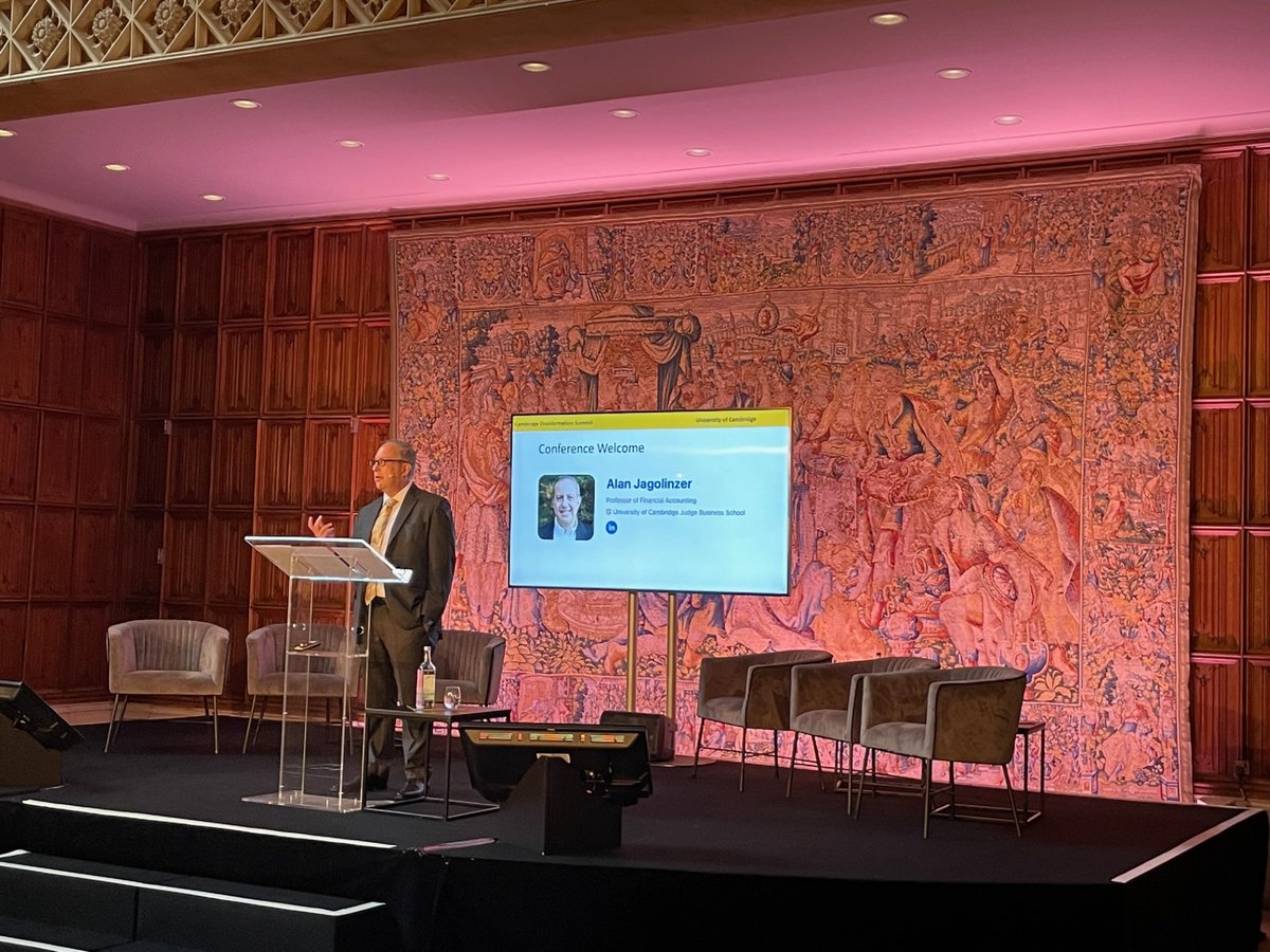 Looking forward to hearing outcomes from the #CambridgeDisinformationSummit which started this morning - here's Alan @jagolinzer opening the day: "I view disinformation as an accelerant of all societal harms." #disinformation <a href="/CambridgeEMAcc/">Cambridge Executive Master of Accounting</a>