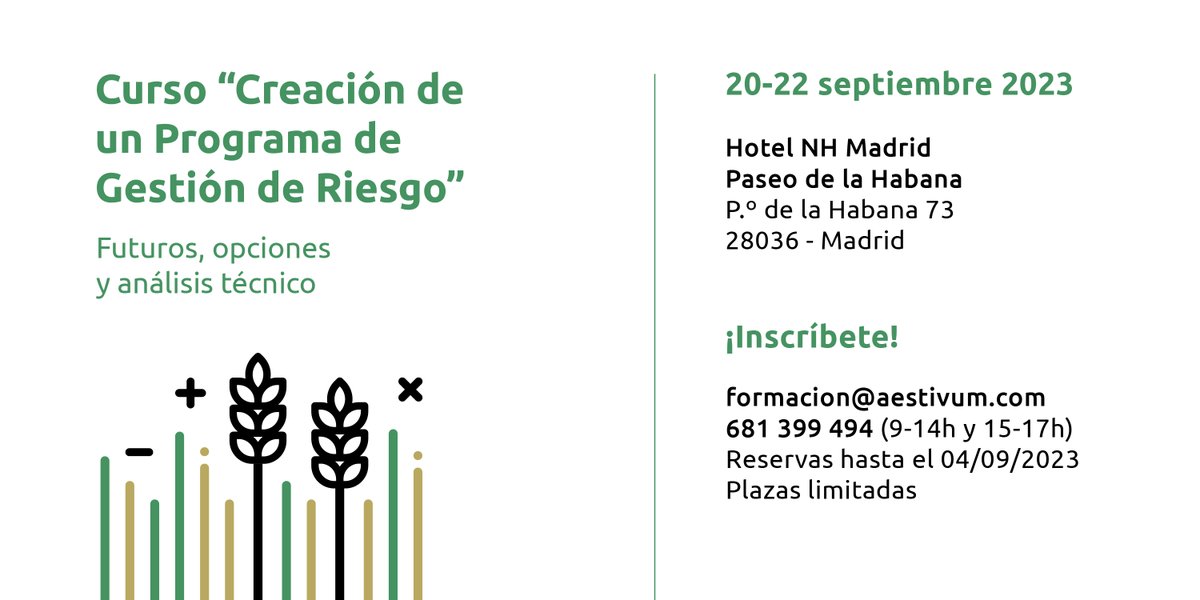 ¡Inscríbete a nuestro curso Creación de un Programa de Gestión de Riesgo: futuros, opciones y análisis técnico!  Tendrá lugar en el Hotel NH Madrid Paseo de la Habana de Madrid del 20 al 22 de septiembre de 2023.Para más información no dudes en ponerte en contacto con nosotros.