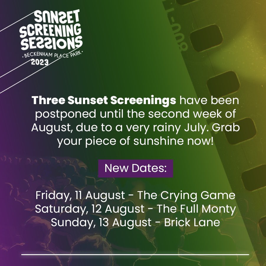 Grab your slice of sunshine now!

Visit our website now and get your tickets early.

<a href="/WeGotTickets/">WeGotTickets</a> <a href="/LewishamCouncil/">Lewisham Council</a> <a href="/Film_London/">Film London</a> <a href="/DMovies_org/">DMovies</a> <a href="/BeckenhamPlace1/">💔🌳BeckenhamPlacePark🌳💔</a> <a href="/younglewisham/">YoungLewishamProject</a> 

sunsetscreeningsessions.co.uk