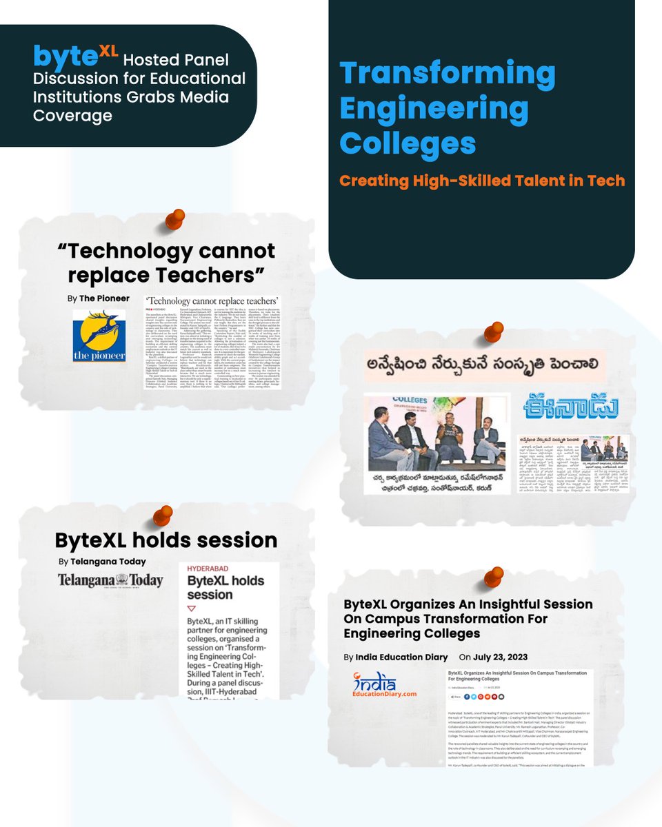 byte_xl's tweet photo. In the spotlight! byteXL panel discussion on Transforming #EngineeringColleges captures the attention of the media. Here are a few of our features including coverage from @TelanganaToday, @eenadulivenews, India Education Diary and The Pioneer 

#byteXL #transformation #skilling https://t.co/dVSVqpRhVc
