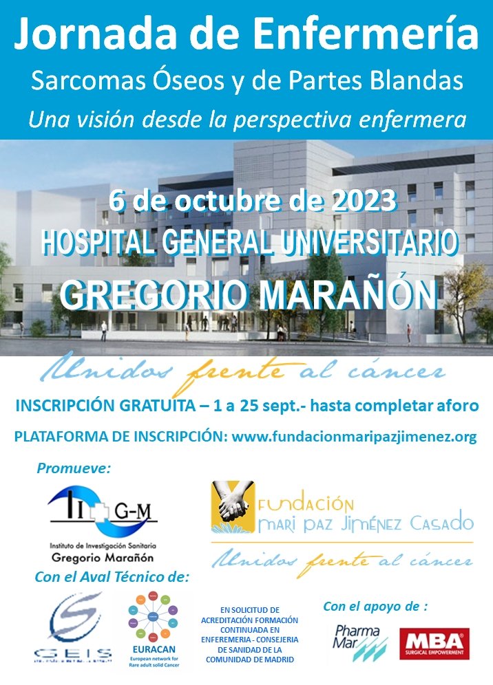 Beatriz Castillo (@beatriz_epa) on Twitter photo 📣 JORNADA MULTIDISCIPLINAR PARA ENFERMERÍA DE SARCOMAS ÓSEOS Y DE PARTES BLANDAS #CursoEnfermeria👩⚕️👨⚕️ #Sarcomas #Cancer
📆 06/10/2023
Lugar: <a href="/SarcomasHGUGM/">Sarcomas Hospital Gregorio Marañón</a> Salón de actos de Maternindad
👉 Inscripciones 1 a 25 septiembre: fundacionmaripazjimenez.org
¡APÚNTATE, OS ESPERAMOS! 📣 JORNADA MULTIDISCIPLINAR PARA ENFERMERÍA DE SARCOMAS ÓSEOS Y DE PARTES BLANDAS #CursoEnfermeria👩⚕️👨⚕️ #Sarcomas #Cancer
📆 06/10/2023
Lugar: <a href="/SarcomasHGUGM/">Sarcomas Hospital Gregorio Marañón</a> Salón de actos de Maternindad
👉 Inscripciones 1 a 25 septiembre: fundacionmaripazjimenez.org
¡APÚNTATE, OS ESPERAMOS!